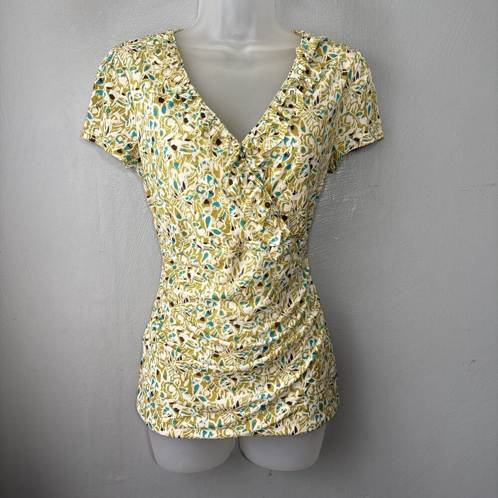 Semantiks Mesh Top Size Medium Petite Chartreuse Floral Ruched Faux Wrap Y2K
